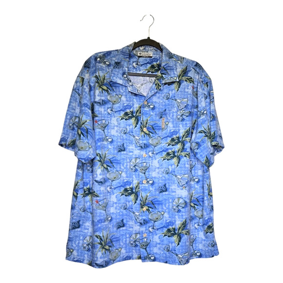 Columbia Men's Blue Hawaiian Aloha XXL Martini Cocktail with Olive Swizzle Shirt - Picture 6 of 13